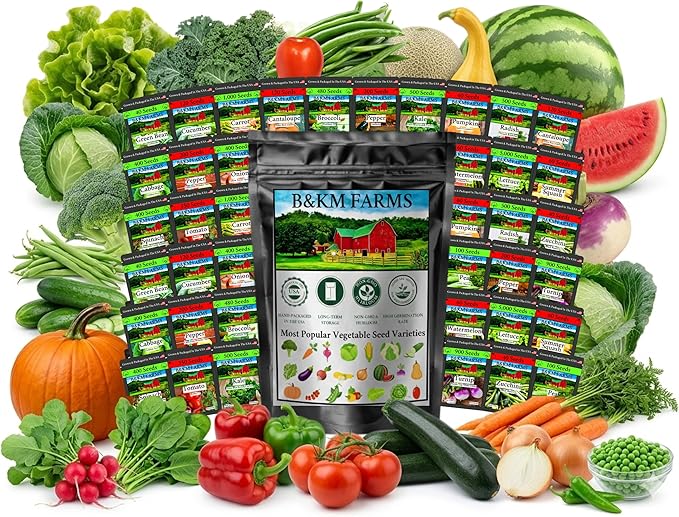 B&ampKM Farms Heirloom Vegetable Seeds Variety Pack – 20 Varieties 40 Packets 20000+ Non-GMO Seeds – Water-Resistant Reclosable Packaging – Home Garden Starter Kit