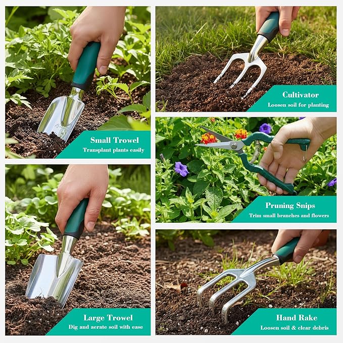 Garden Tool Set Gardening Gifts for Women Men Mom Dad 11-Piece Heavy-Duty Aluminum Hand Tools Set with Tote Bag Ergonomic Handles Rust-Proof Starter Garden Kits Gardening Essentials &amp Supp