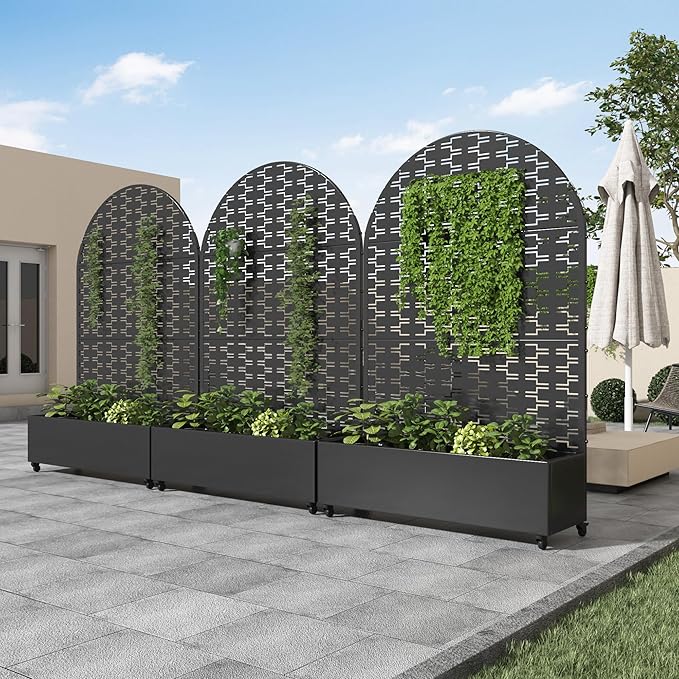 Casaphoria Metal Raised Garden Bed with Trellis and Wheels 72x47x16 Arched Planter Box for Climbing Plants Vegetables &amp Vines Features Drainage Holes and Privacy Screen (Black-Brick)