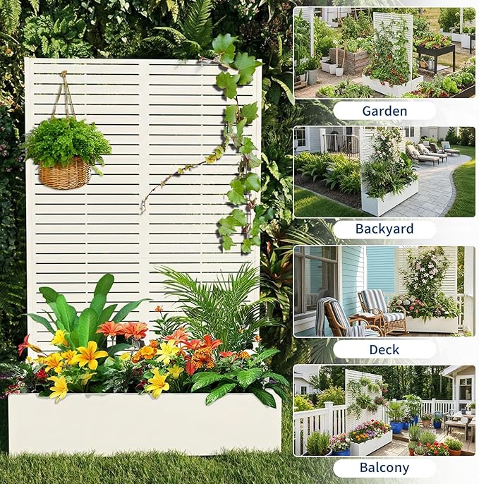 GarveeLife Metal Planter Box with Trellis and Wheels 71.5x47x16 Raised Garden Bed for Patio Outdoor Privacy Planters with Drainage Holes for Climbing Plants Flowers Vegetables Vines White