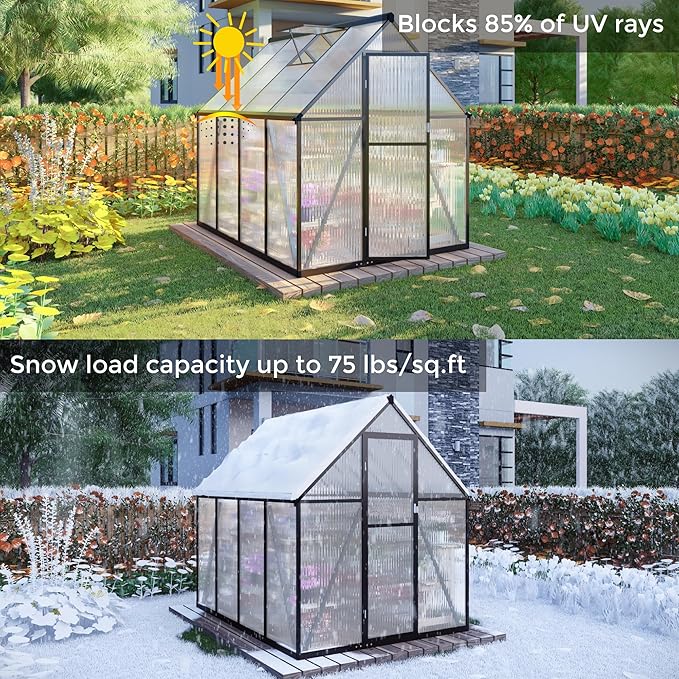 6 x 4 FT Greenhouse for Outdoors Polycarbonate Greenhouse with Quick Setup Structure and Roof Vent Aluminum Large Walk-in Green House for Outside Garden Backyard Charcoal Black