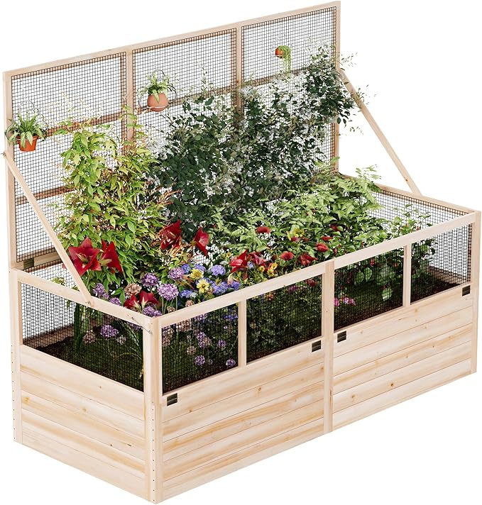 AMERLIFE Raised Garden Bed with Hinged Fencing and Trellis 18 Inch Deepened Wood Planter Box 2 PCS Flip-up Front Panel Easy Assembly Ideal for Seed Starting and Growing Vegetables &amp Fruits