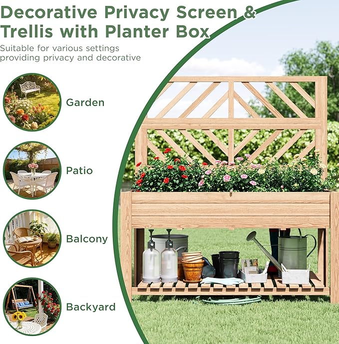 Vabches Wooden Elevated Raised Garden Bed with Trellis47x24x55 in Planter Box with Legs and Storage ShelfFreeStanding Gardening Planter for Flower Herb Vegetable Fruit Climbing Vines