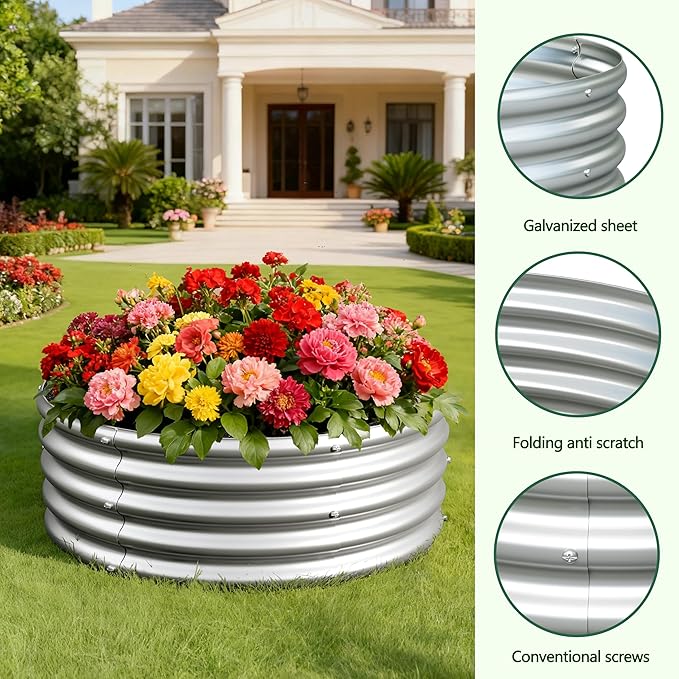 2x2x1ft(2 Pack) Galvanized Round Raised Garden BedOutdoor Planter Box Metal Patio Kit Planting Bed for Vegetables Flowers HerbSilver