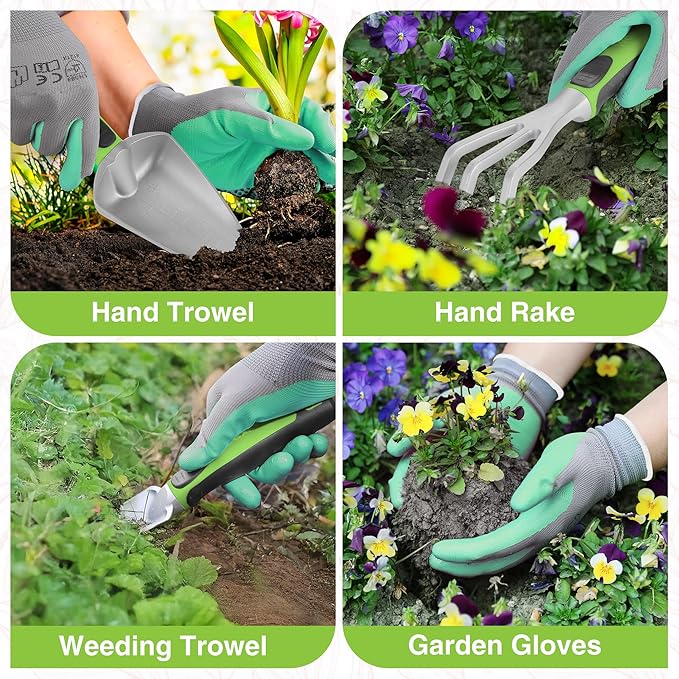 WORKPRO 5PCS Garden Tool Set with Hori Hori Garden Knife Set Gardening Tool Set with Repotting Mat 7 Stainless Steel Blade with Cutting Edge Ideal Gardening Gift