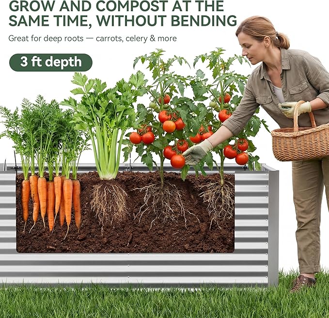 8x4x3 ft Tall Galvanized Raised Garden Bed with Self-Watering System Elevated Planter Boxes Outdoor with Mesh Cover Rectangular Deep Raised Beds for GardeningVegetablesFlower Backyard Patio