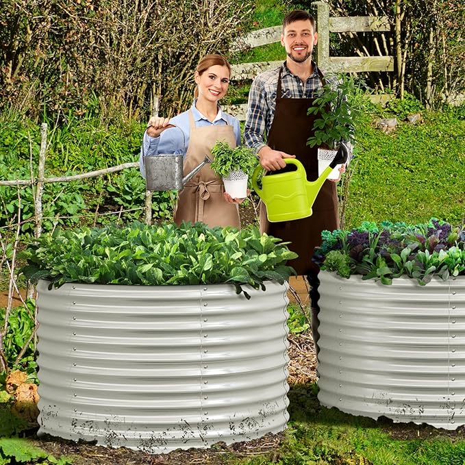 Olle 32 Tall Raised Beds for Gardening Galvanized Raised Garden Beds Round Garden Bed Metal Flower Bed Outdoor Backyard Garden Planter Box Ivory