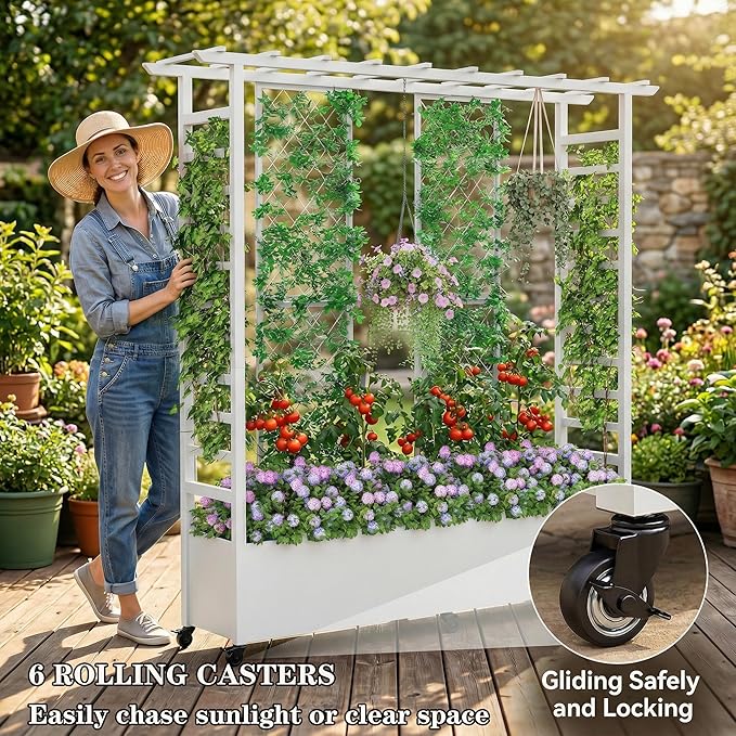 74 Mobile Planter with TrellisWeatherproof Vertical Raise Garden Bed with Trellis &amp Hanging Roof for Climbing PlantsFlowersVegetablesRust-Proof Metal Privacy Planter for Patio (White-B)