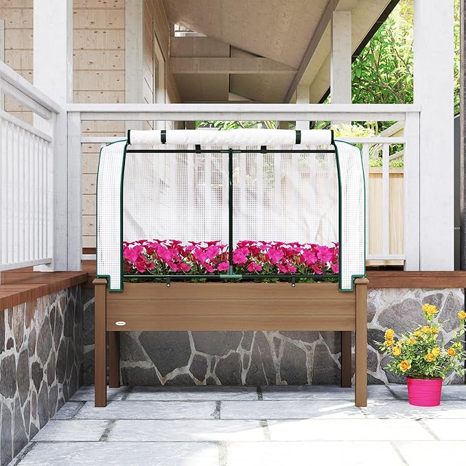 Outsunny Raised Garden Bed with PE Greenhouse Cover Outdoor Elevated Wood Planter Box for Herbs and Vegetables Use for Patio Backyard Balcony 48 x 22 x 46 inch Brown