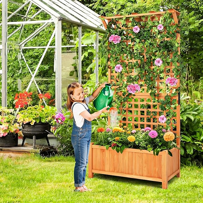 COSTWAY Raised Garden Bed with Trellis Indoor &amp Outdoor Wooden Planter Box with Hanging Roof Drainage Holes Freestanding Vertical Planter for Vines Climbing Plants Flowers Vegetables