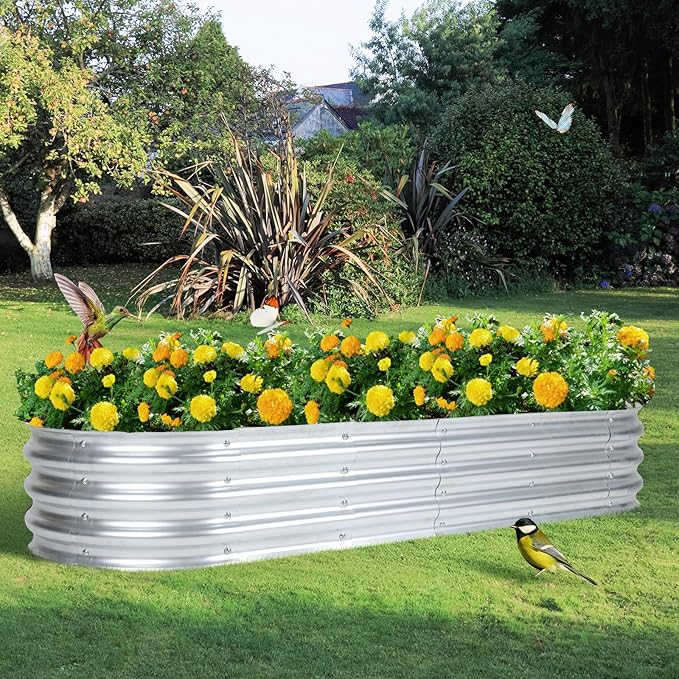 Aoodor Galvanized Raised Garden Bed Kit 6 x 2 x 1 Ft Oval Planter Boxes for Vegetables Flowers and Herbs Outdoor Use Silver
