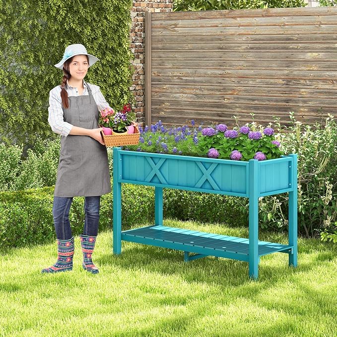 Raised Garden Bed with Legs HIPS Elevated Planter Box with Drainage Holes &amp Storage Shelf Standing Garden Box for Backyard Patio Balcony Deck Terrace (Blue 44” x 18” x 29”)