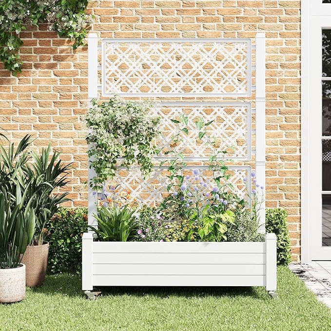 Resin Raised Garden Bed with Trellis and Wheels Planter Box with Trellis Outdoor Raised Planter with Trellis with Drainage Holes &amp Water Monitor for Climbing Plants Vegetables Flower White