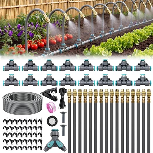 Drip Irrigation System 100FT 1/4 360°Adjustable Garden Watering System with 16pcs Copper Nozzles Drip Irrigation Kit for Outdoor Plants Greenhouse Watering System
