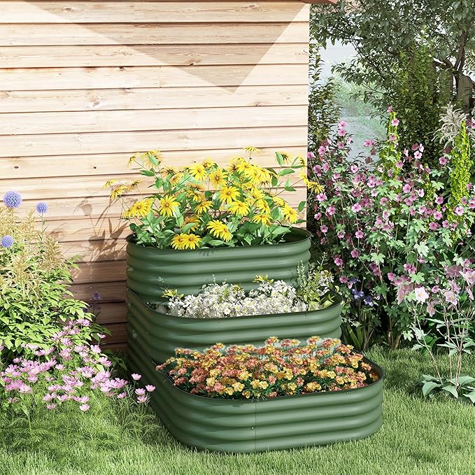 Outsunny 3-Tier Galvanized Steel Raised Garden Bed Kit 62.25 x 43 x 32.25 3 Combining Planter Boxes with Rubber Strip Edging Open Bottom for Backyard Garden Patio Green