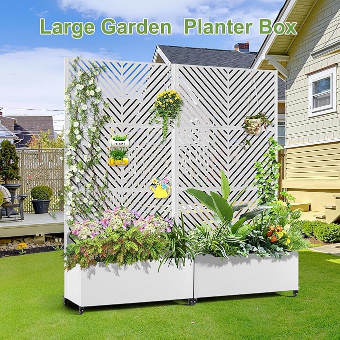 Raised Garden Bed with Trellis and Wheels73x35x16 Metal Raised Garden BedWhite Parallel Metal Planter with Climbing Trellis for Vines &amp Vegetables