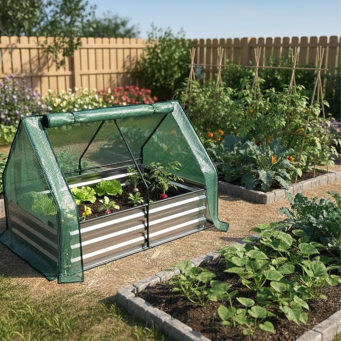 Relaxdays Raised Bed with Greenhouse for Flowers Plants and Vegetables H x W x D: 92 x 125 x 95 cm Garden Plant Bed Silver