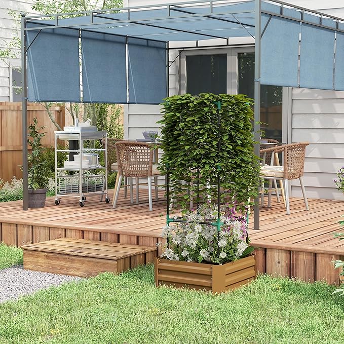 Outsunny Galvanized Raised Garden Bed 55 Tall Outdoor Planter Box with Trellis Tomato Cage and Open Bottom for Climbing Vines Vegetables Flowers in Backyard Garden Patio Brown