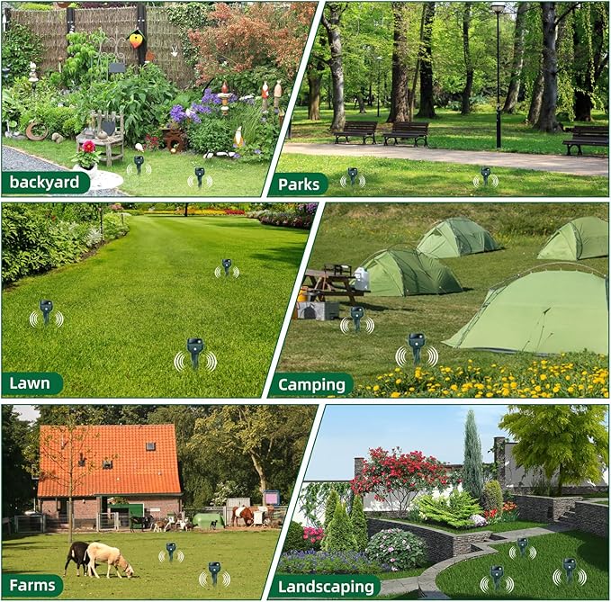 Mole Repellent Solar Powered 4 Pack Snake &amp Rabbit Repellent for Yard IP 65 Waterproof Ultrasonic Deterrent Stakes Get Rid for Armadillo Gopher Vole Chipmunk Deer Groundhog for Lawns Garde