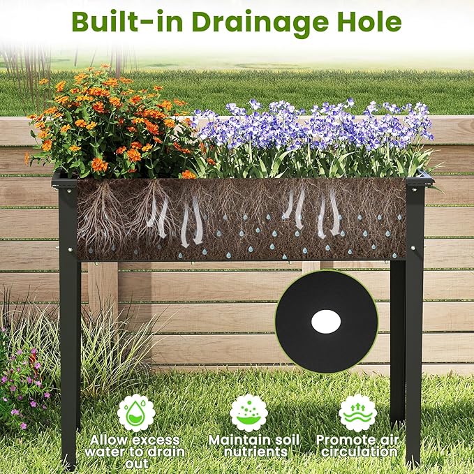 HAPPYGRILL Raised Garden Bed Metal Elevated Planter Box w/Legs Drainage Holes for Growing Vegetables Fruits Flowers Indoor Outdoor Standing Plant Container for Backyard Patio (Black 40”x16”x32”)