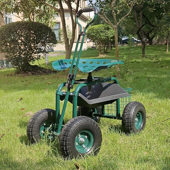 BDL Garden Cart Outdoor Rolling Garden Workseat with Wheels Heavy Duty Garden Tool Cart with Extendable Handle and Storage for Seniors Yard Gardening Work