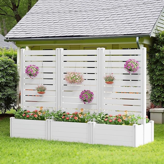 Casaphoria Raised Garden Bed with Trellis 71x35x24 Planter Box with Open Bottom for Gardening Vegetables &amp Vines and Climbing Plants White