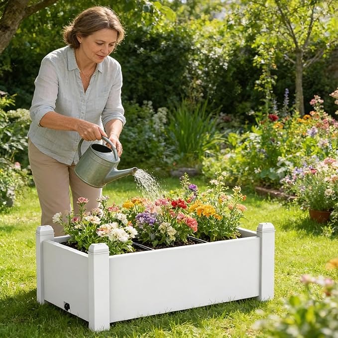 Elevated Raised Garden Bed 14 Gallon Outdoor Large Resin Patio Planter Box Stand Divisible with Drain Plug Water Monitor for Plants Vegetables Flowers Fruits (Ashen)