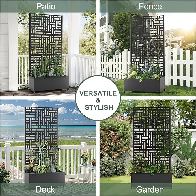 Metal Raised Garden Bed with Trellis Privacy Screen for Outdoor Plants Planter Box with Wheels for Patio 35L×16W×71H Privacy Planters for Climbing Vegetables Flowers Fruits (Black Street)