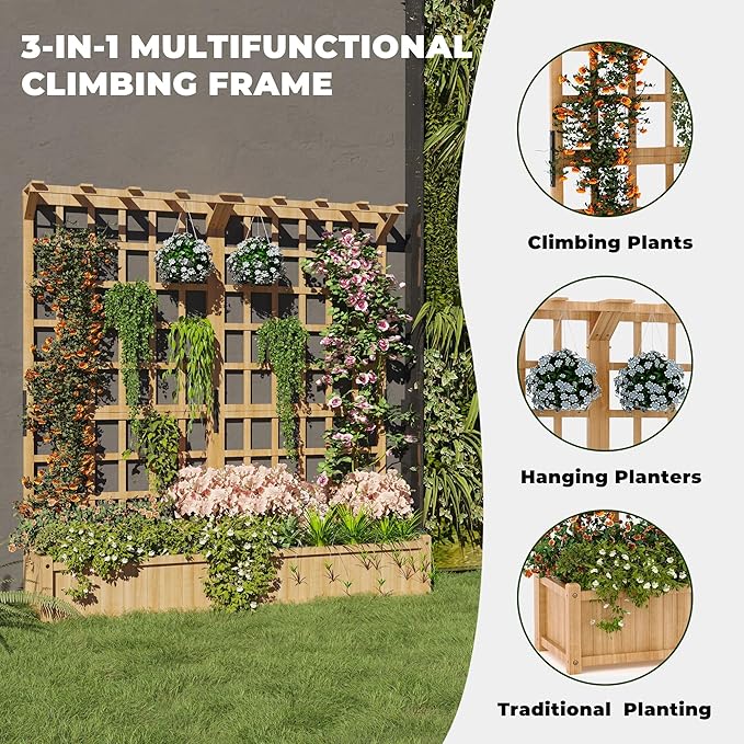 2 Tiers Wood Planter Box &amp Trellis 44.4'' x 16.2'' x 63'' Outdoor Elevated Bed Wooden Garden Bedding Hanging Roof with Climbing Trellis for Garden Balcony Yard Patio (8 Single Drainage Holes)