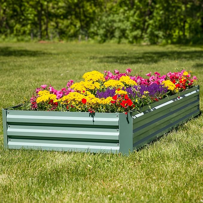 Sunnydaze Galvanized Steel Rectangular Raised Garden Bed - for Flowers Plants and Vegetables - Green - 4 x 8 ft