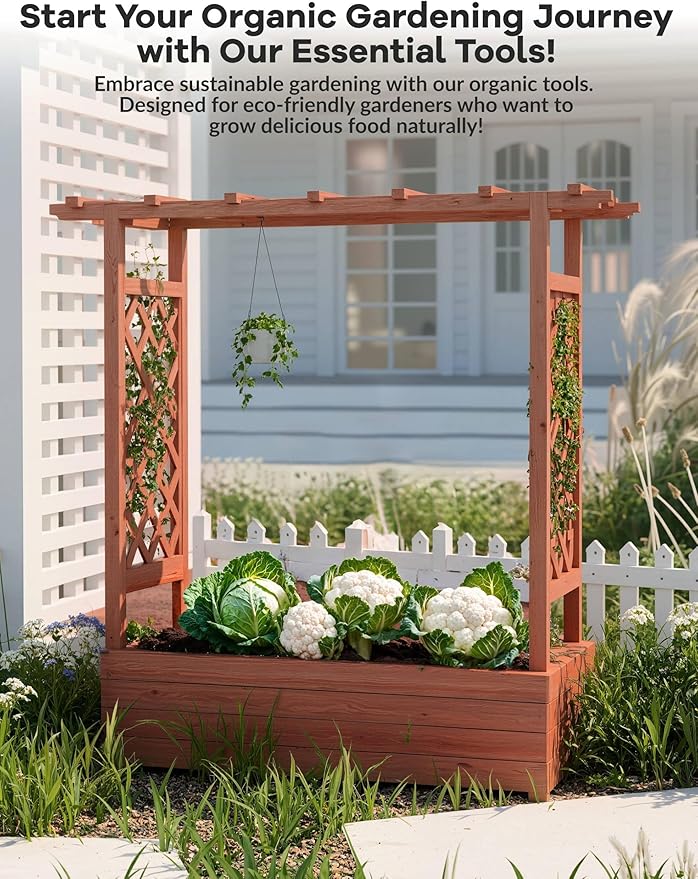 Raised Garden Bed with Trellis Wood Planter Box with Hanging Roof Side Trellis &amp Drainage Freestanding Garden Planter for Climbing Plants Vegetables Flowers