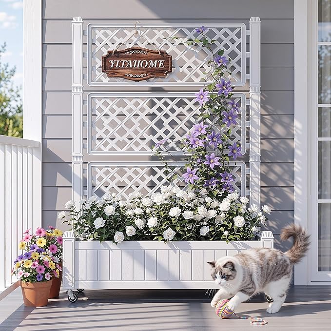 YITAHOME 42.5x14.2x61 in Planter Box with Trellis/Outdoor Privacy Screen All-Weather Raised Garden Bed with Wheels &amp Drain Plug for Climbing Plants Flowers Herbs White