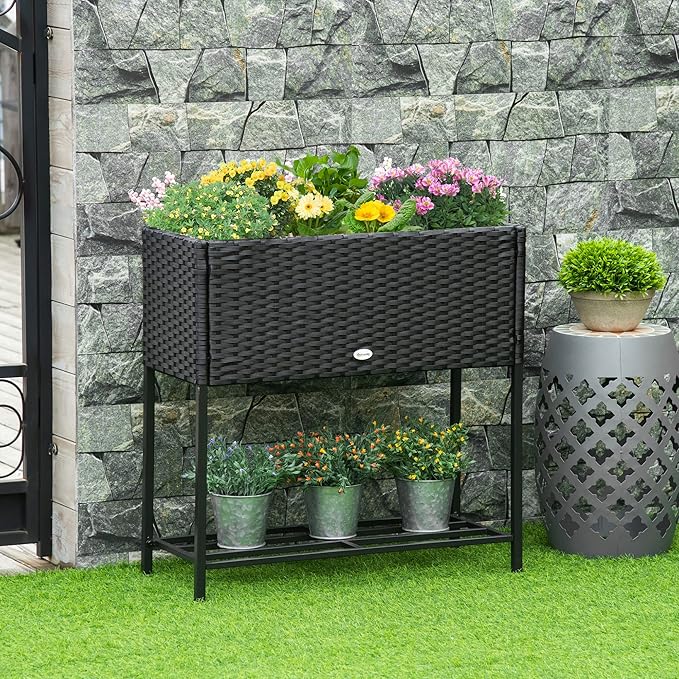 Raised Garden Bed Elevated Planter Box with Rattan Wicker Look Tool Storage Shelf Portable Design for Herbs Vegetables Flowers Black