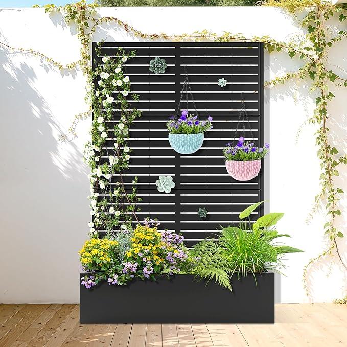 Metal Raised Garden Bed with Trellis 2 in 1 Trellis with Planter Box &amp Privacy Screen for Climbing Plants Vine Outdoor Standing Flower Beds with Drainage Holes 47 L x 17 W x 71 H Black