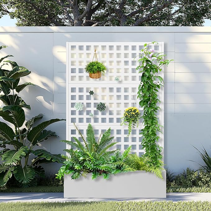 Metal Raised Garden Bed with Trellis 2 in 1 Trellis with Planter Box &amp Privacy Screen for Climbing Plants Vine Outdoor Standing Flower Beds with Drainage Holes 47.2 L x 16.7 W x 70.8 H Whi