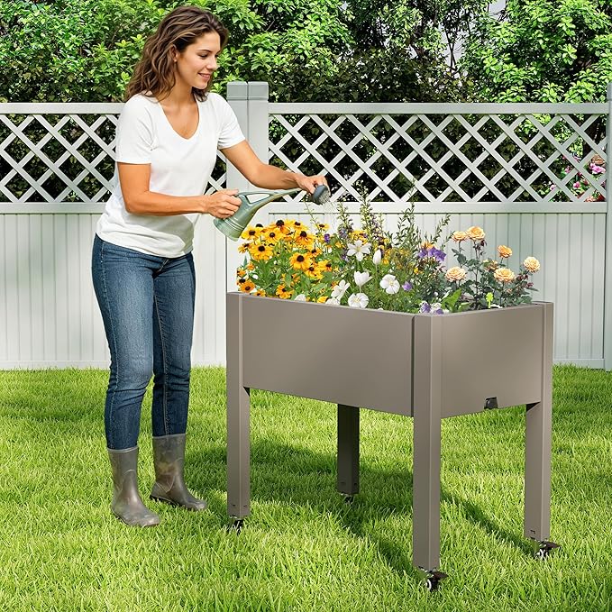Raised Garden Bed with Wheels - Outdoor Mobile Elevated Resin Planter Box with Drainage Holes for Vegetables Flower Herbs (1 Pack Gray)