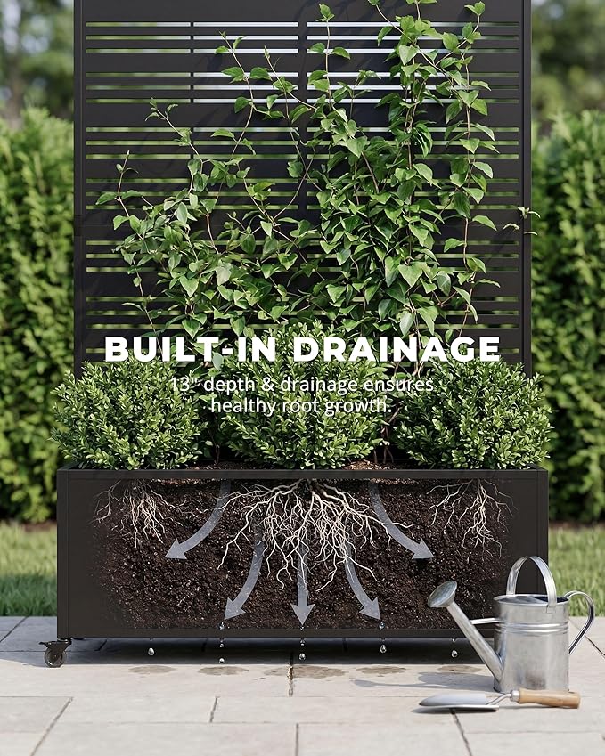Metal Raised Garden Bed with Trellis 73×47×16 Privacy Screen Planter Box on Wheels — 61 lbs Won't Blow Over Rust-Proof Louvered Design for Climbing Plants Patio Deck Balcony - Black