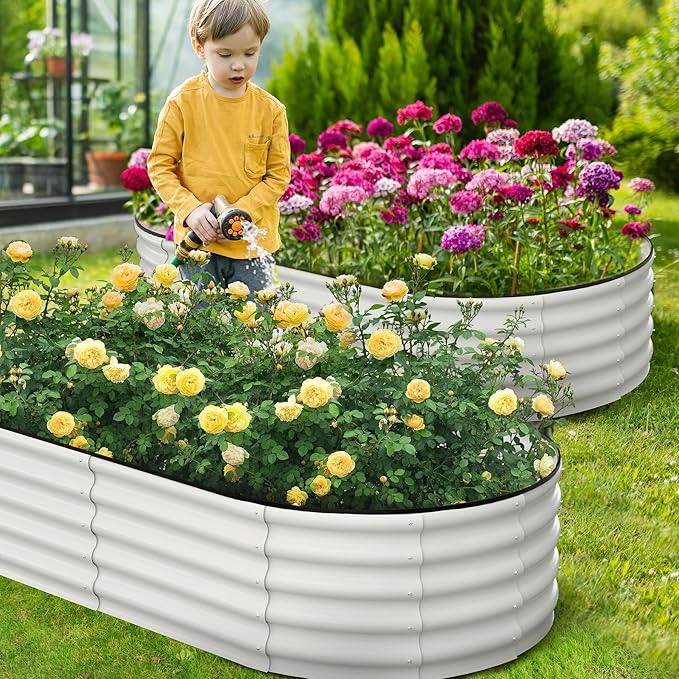 IDEALHOUSE 2 Pcs Galvanized Raised Garden Bed Outdoor6x3x1Ft Oval Planter Garden BoxesDurable Metal Vegetable Plant Container Kit for Gardening VegetablesFruitsFlowersTool-Free Asse(Beige)