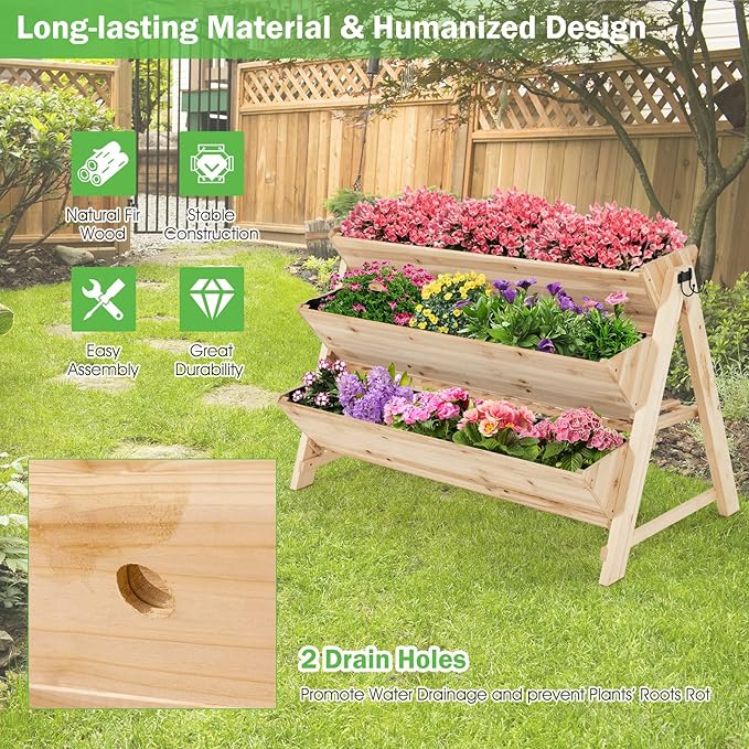 Giantex Raised Garden Bed Vertical Planter with Storage Shelf 3 Tier Elevated Planter Box with Side Hooks Indoor Outdoor Wood Garden Bed for Balcony Garden Lawn (Natural)