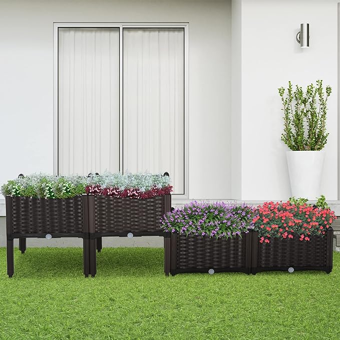 Planter4 Piece Raised Garden Bed with Legs Self-Watering Planter Box Raised Bed to Grow Flowers HerbsVegetables Brown