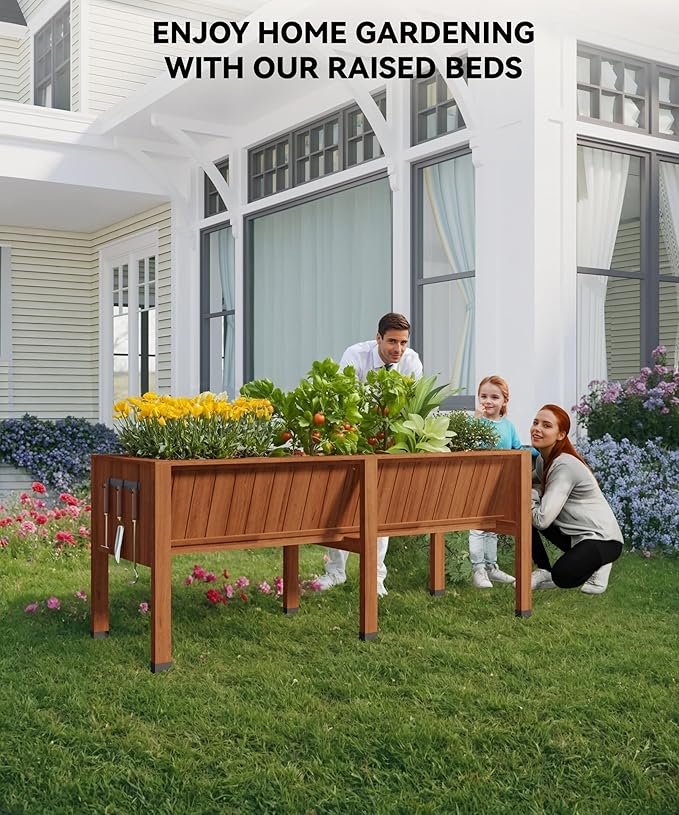 Large Wood Raised Bed Planter with Hooks Raised Garden Beds for Vegetables Herbs &amp Flowers Wood Planter Box Stand for Backyard Patio Balcony