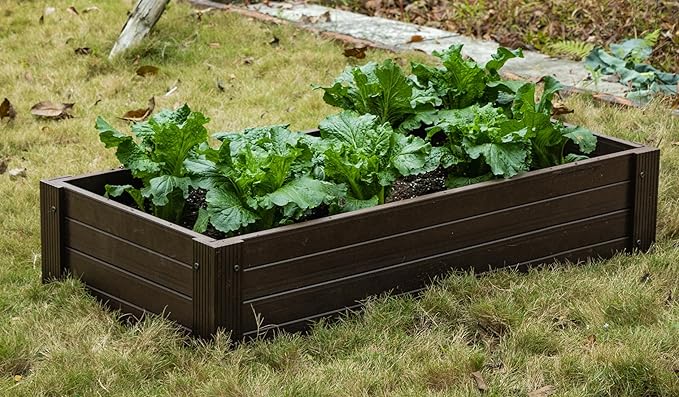 New Age Garden ECOFLEX Stackable Raised Garden Bed (2×4 ft) Open Bottom Composite Planter Stackable Non‑Toxic Eco‑Friendly Walnut Finish