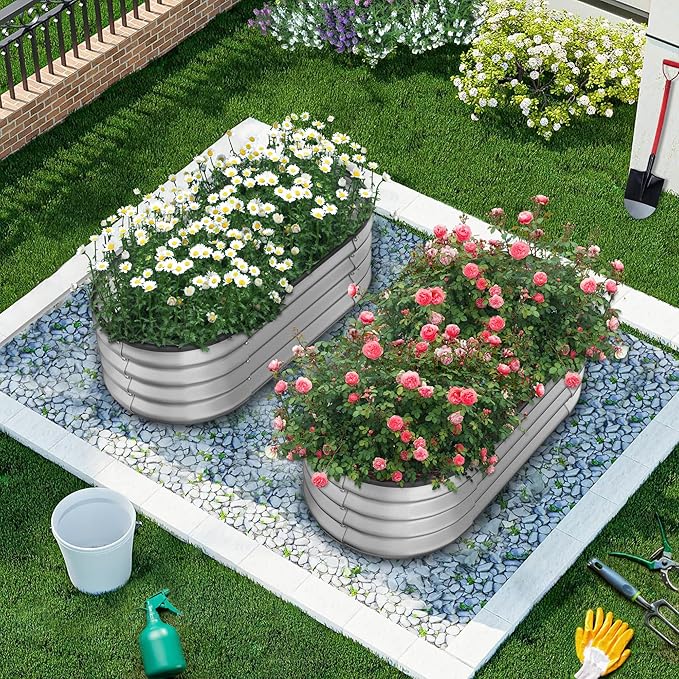 Crownland Outdoor Garden Metal Raised Garden Beds Oval Galvanized Planter Box Rubber Edge Guard for Patio Growning Fresh Vegetables Flowers Herbs and Succulents(4ft*2ft*1ft) Silvery