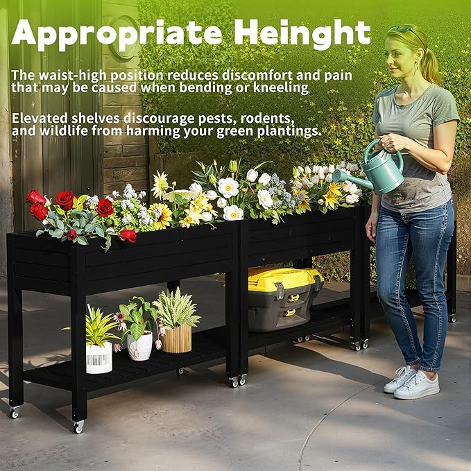 Raised Garden Bed with Legs 33.66 Tall Self-Watering Resin Planter Box with Lockable Wheels Drainage Plug and Gauge for Vegetables Flowers Storage Shelf for Tools and Accessories (Black)