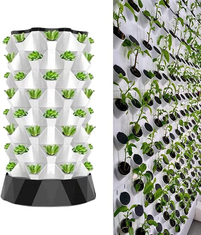 Aeroponic Garden Tower Indoor and Outdoor Hydroponics Growing Sys-tem for Indoor Garden Hydroponics Tower for Vegetables Herbs StrawberriesWhite-64holes