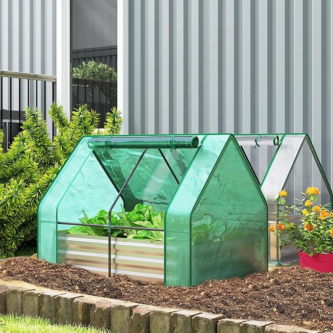 Outsunny 4 x 3 x 3ft Raised Garden Bed with Mini Greenhouse Galvanized Raised Garden Bed with Cover for Herbs and Vegetables Small Greenhouse for Patio Garden Balcony Green