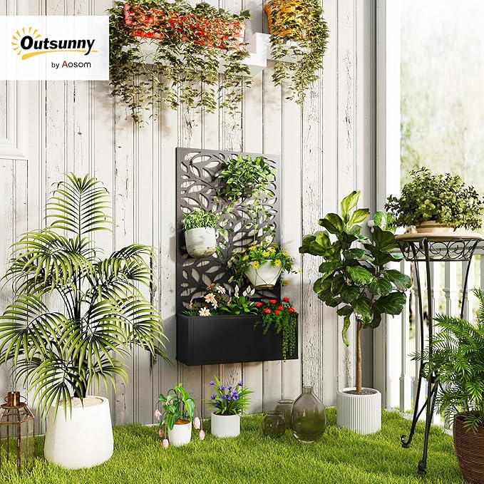 Outsunny Metal Raised Garden Bed with Trellis for Climbing Plants Freestanding or Wall Mounted Flower Bed with Privacy Panel Leaves Cut-Outs Outdoor Planter Box for Garden Patio Balcony