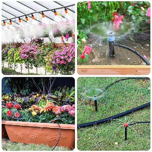 MIXC 226FT Greenhouse Micro Drip Irrigation Kit Automatic Patio Plant Watering System with 1/4 &amp 1/2 Tubing Adjustable Nozzles Emitters &amp Barbed Fittings for Efficient Irrigation
