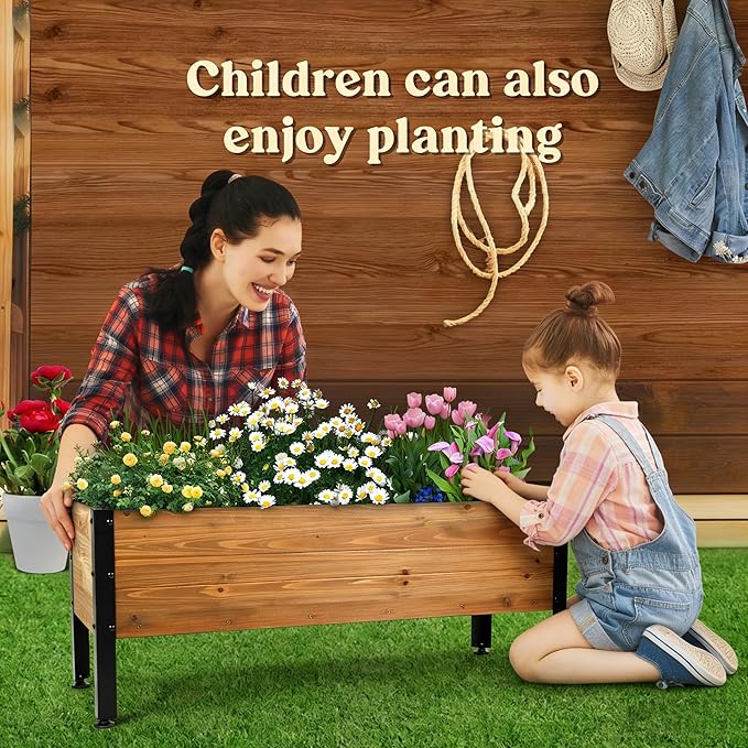 Wooden Rectangular Flower Box with Short Iron Legs Planting Bed for Flowers and Vegetables Suitable for Garden and Balcony. Dimensions: 27.56 * 13.9 * 12.5 inches