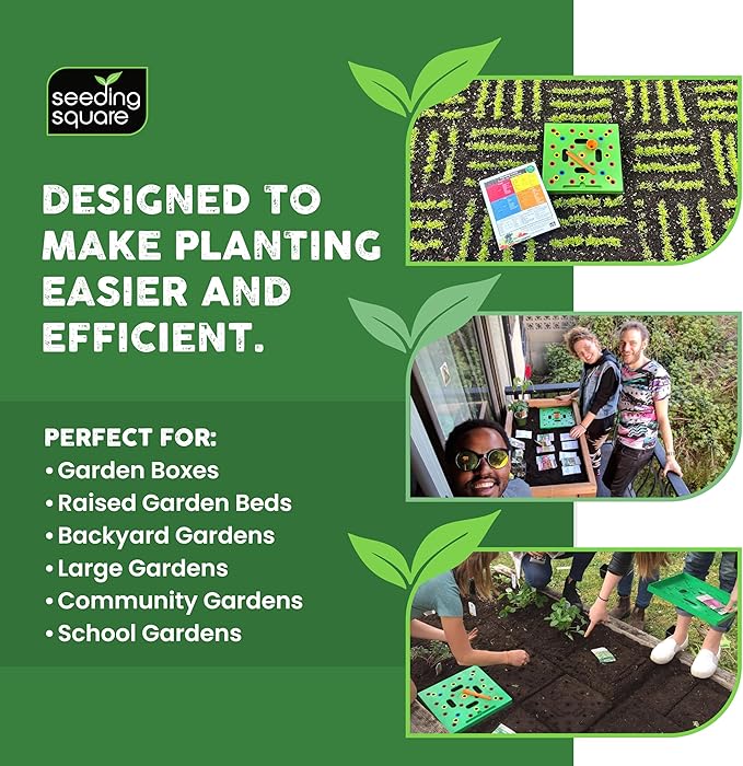 Seeding Square - Patented Seed and Seedling Spacer Tool for Bigger Harvests Organized Plants &amp Fewer Weeds – Color-Coded Gardening Template with Dibber Seed Spoon Ruler &amp Planting Guide